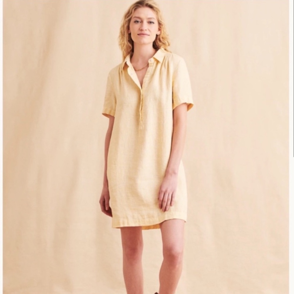 Faherty Hanna Yellow Linen Short Sleeve Above Knee Shirt Dress